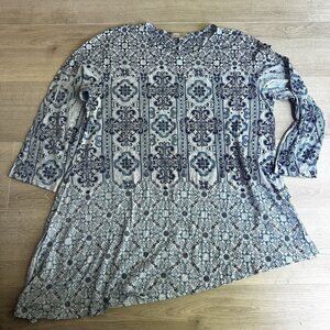 Jess & Jane Womens Tunic Top Size‎ XL Blue Floral Asymmetrical Hem 3/4 Sleeve